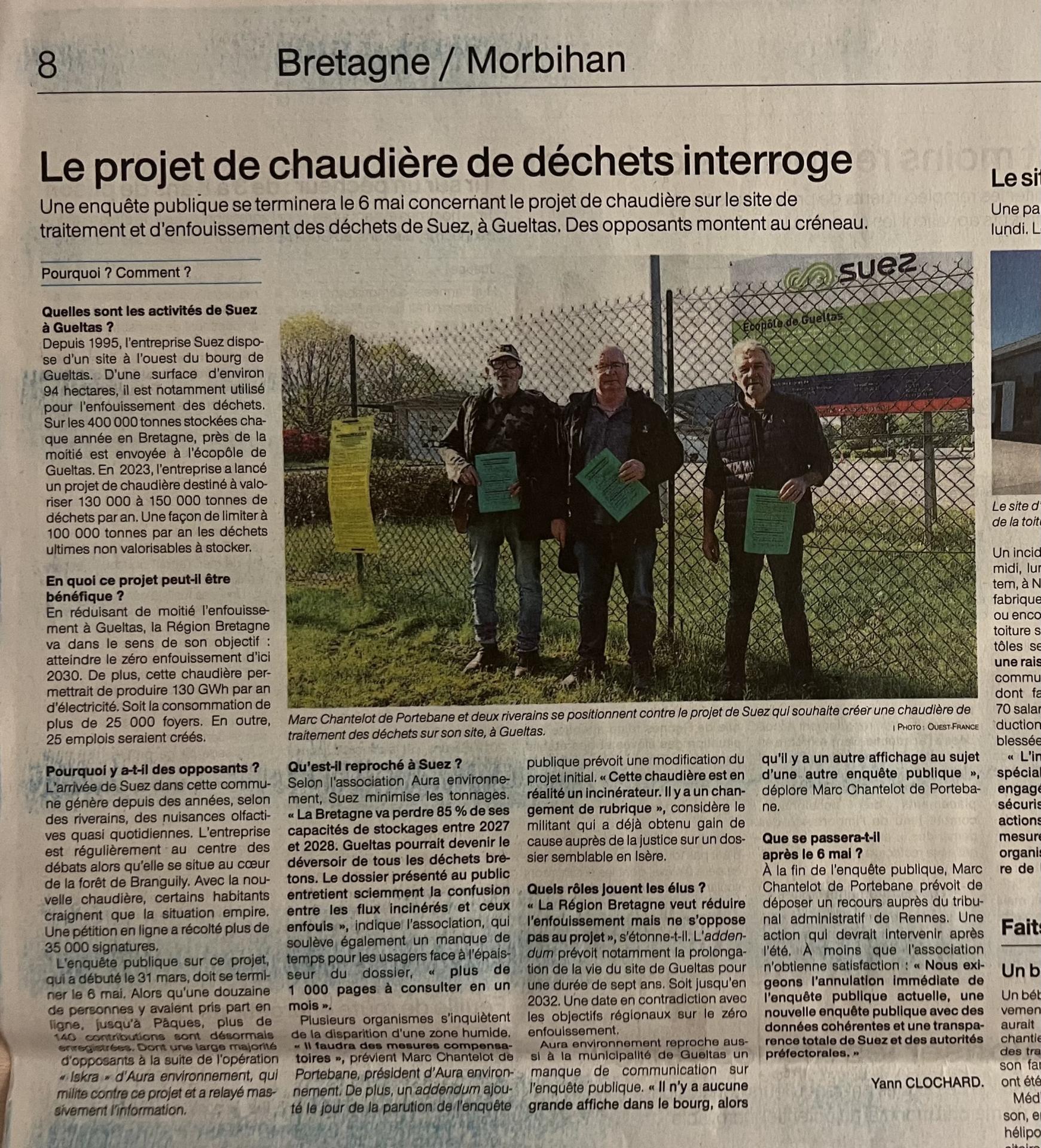 Article ouest france pt f incinerateur suez gueltas 02 mai 2025 aura environnement